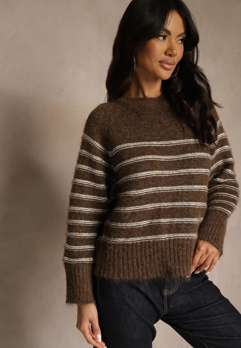 Brązowy Sweter z Dodatkiem Wełny Ozdobiony Paskami Liatella