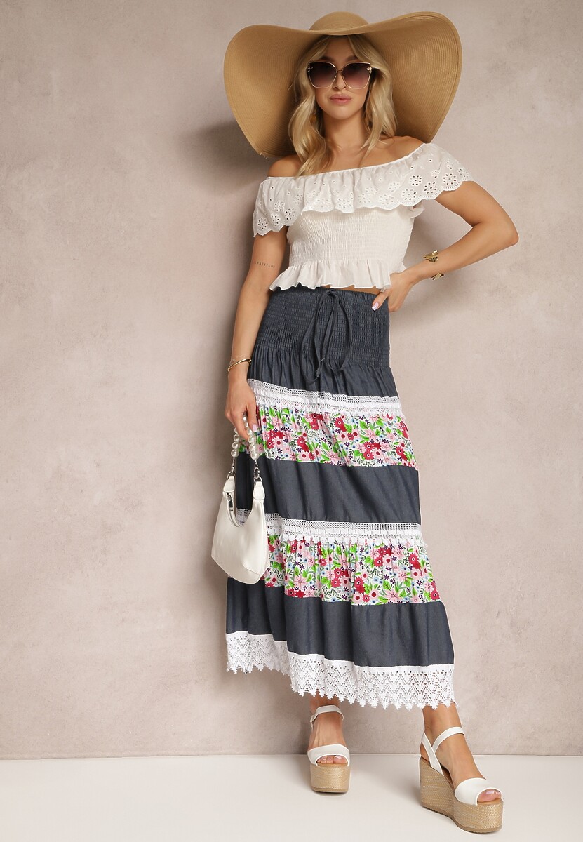 Granatowo-Biała Bawełniana Spódnica High Waist z Gumką w Talii i Ozdobną Koronką Tesaquin