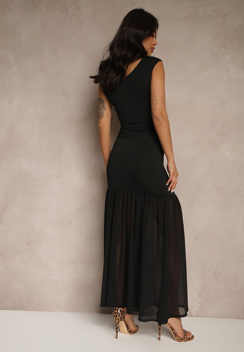 Czarna Sukienka Koktajlowa z Wiskozą i Marszczeniem Galoriella