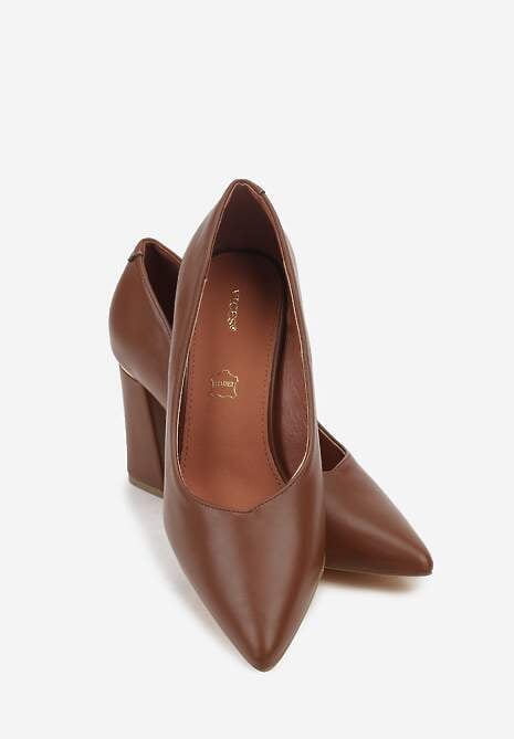 Brązowe Czółenka Vices na Geometrycznym Słupku ze Skórzaną Wkładką Modvire