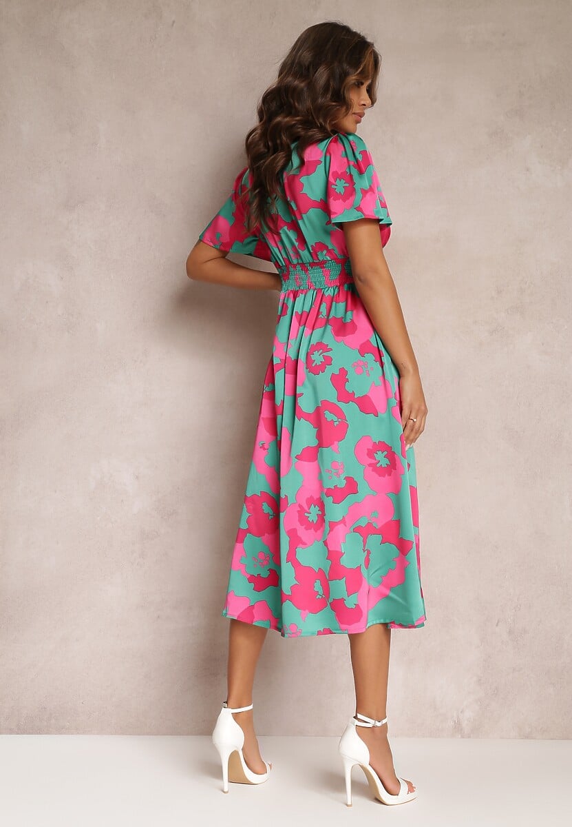 Zielona Rozkloszowana Sukienka na Guziki w Kwiaty Meliar