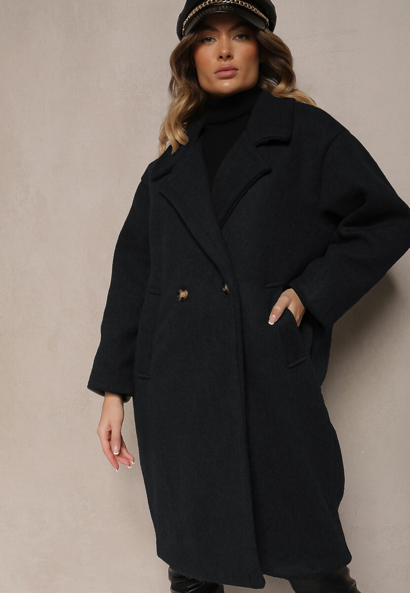 Brązowy  Dwurzędowy Płaszcz Oversize z Wełną Spolete