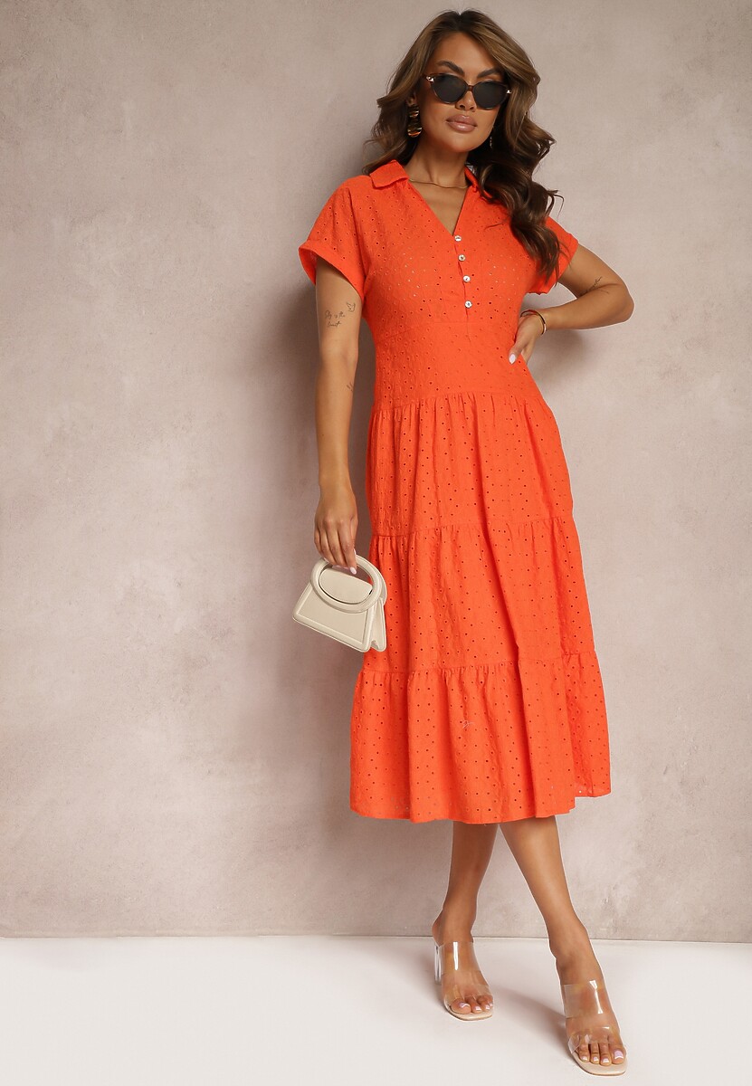 Pomarańczowa Ażurowa Sukienka z Bawełny z Krótkim Rękawem i Guzikami Obitha