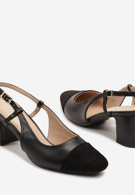 Czarne Sandały ma Kwadratowym Słupku ze Sprzączką i Noskiem z Detalem Tuvea