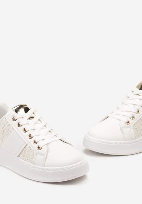Biało-Beżowe Sznurowane Sneakersy z Ekoskóry z Plecionką i Metaliczną Wstawką Josephina