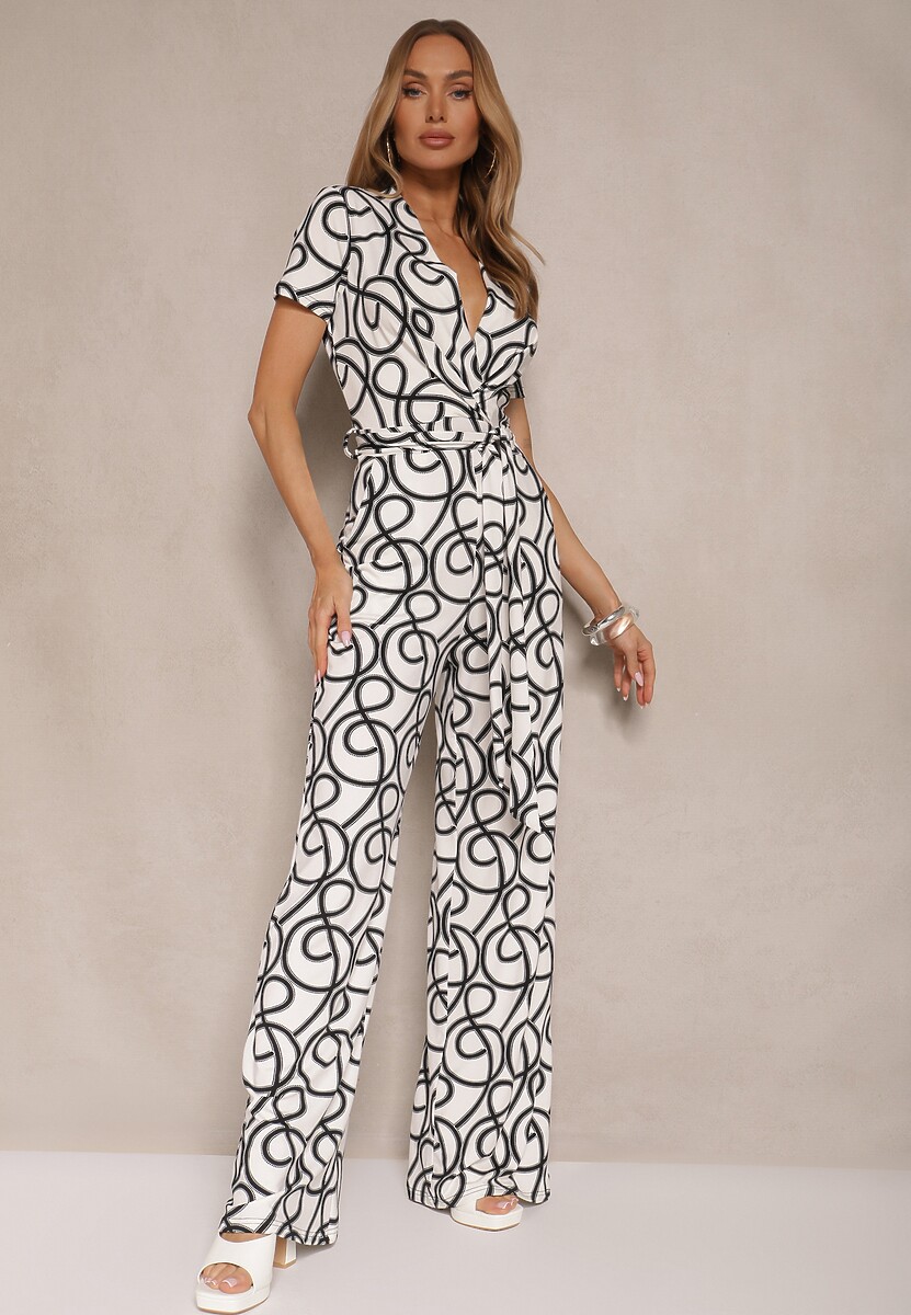 Czarno-Biały Kopertowy Kombinezon z Wiskozą Zdobiony Abstrakcyjnym Printem Evivola