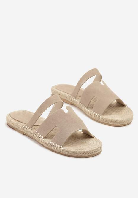 Beżowe Klapki Ozdobione Geometryczną Cholewką i Plecionką Nilornis