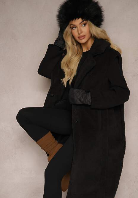 Czarny Płaszcz Futerko z Rękawami z Dzianiny Ravileth