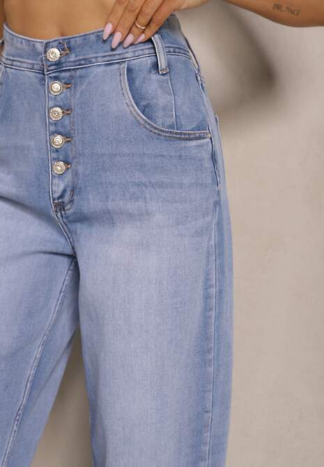 Niebieskie Jeansy Mom Fit High Waist Zapinane na Guziki Zeloiti