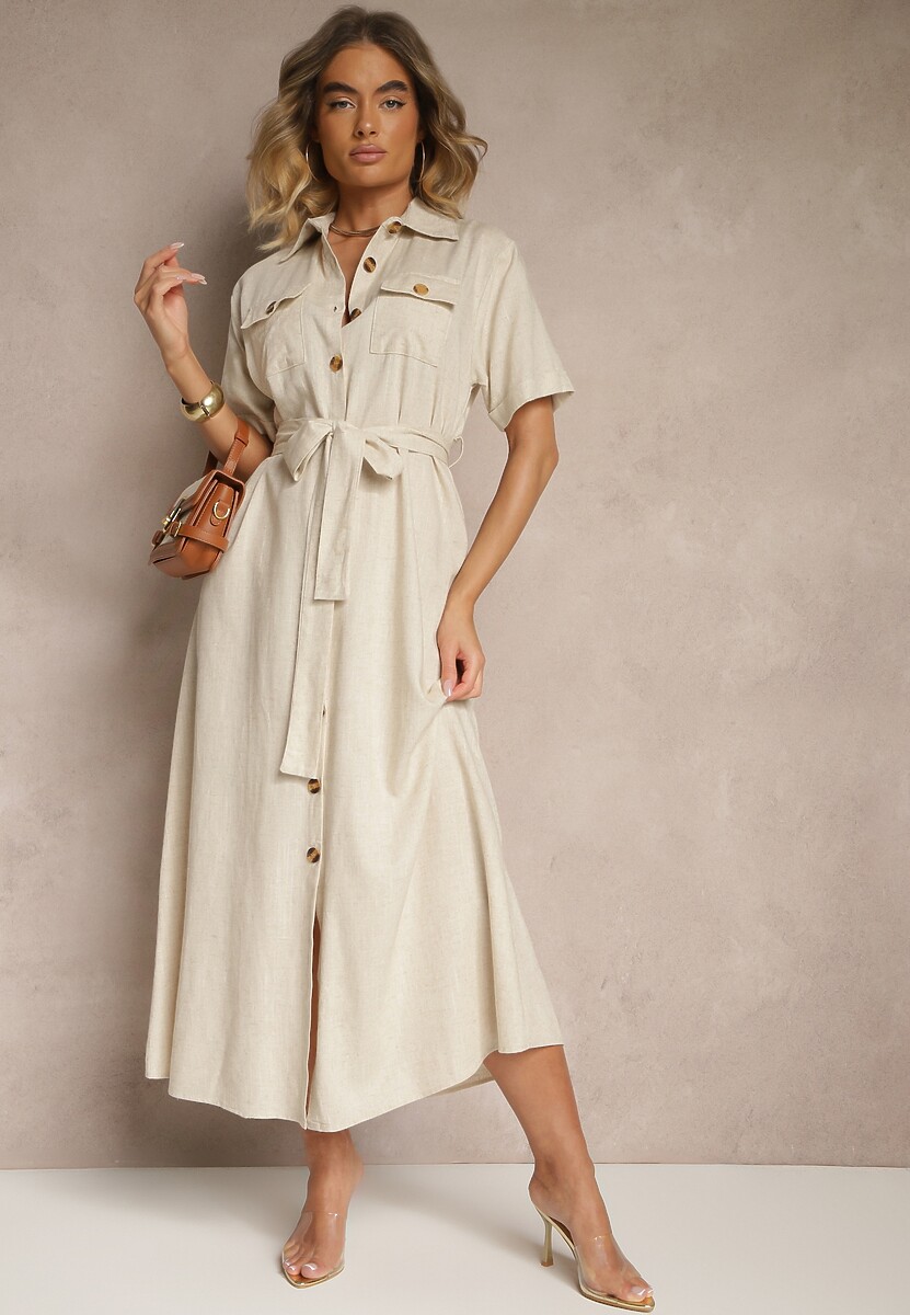 Biała Sukienka z Lnu i Wiskozy o Koszulowym Fasonie Weolara