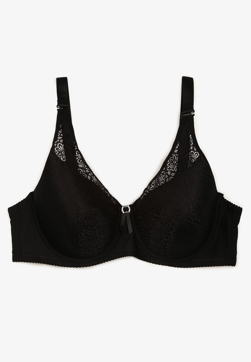 Czarny Koronkowy Biustonosz Full Cup z Ozdobnymi Cyrkoniami na Kokardce Nikoriana