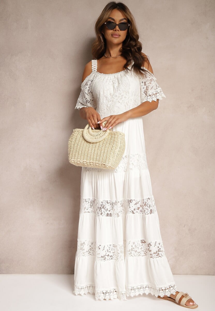 Biała Koronkowa Sukienka z Wiskozą o Rozkloszowanym Kroju na Ramiączkach Leris