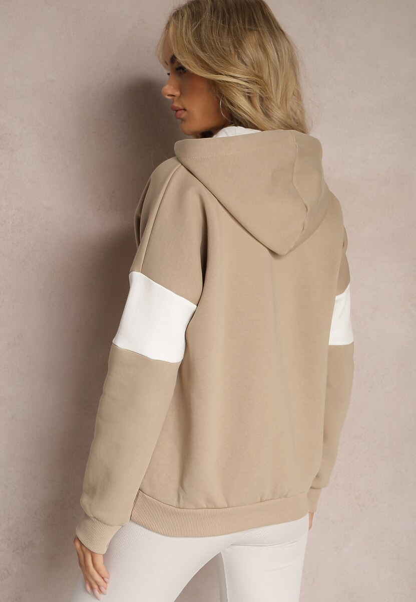 Beżowa Bawełniana Bluza z Kapturem w Amerykańskim Stylu z Napisem i Polarem Iocaste