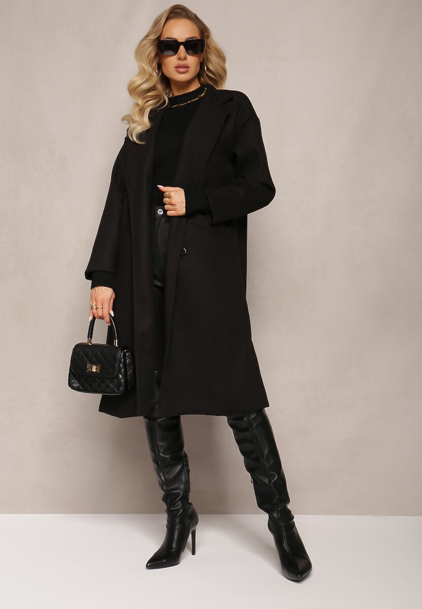 Czarny Płaszcz Dwurzędowy Wiązany Meollie