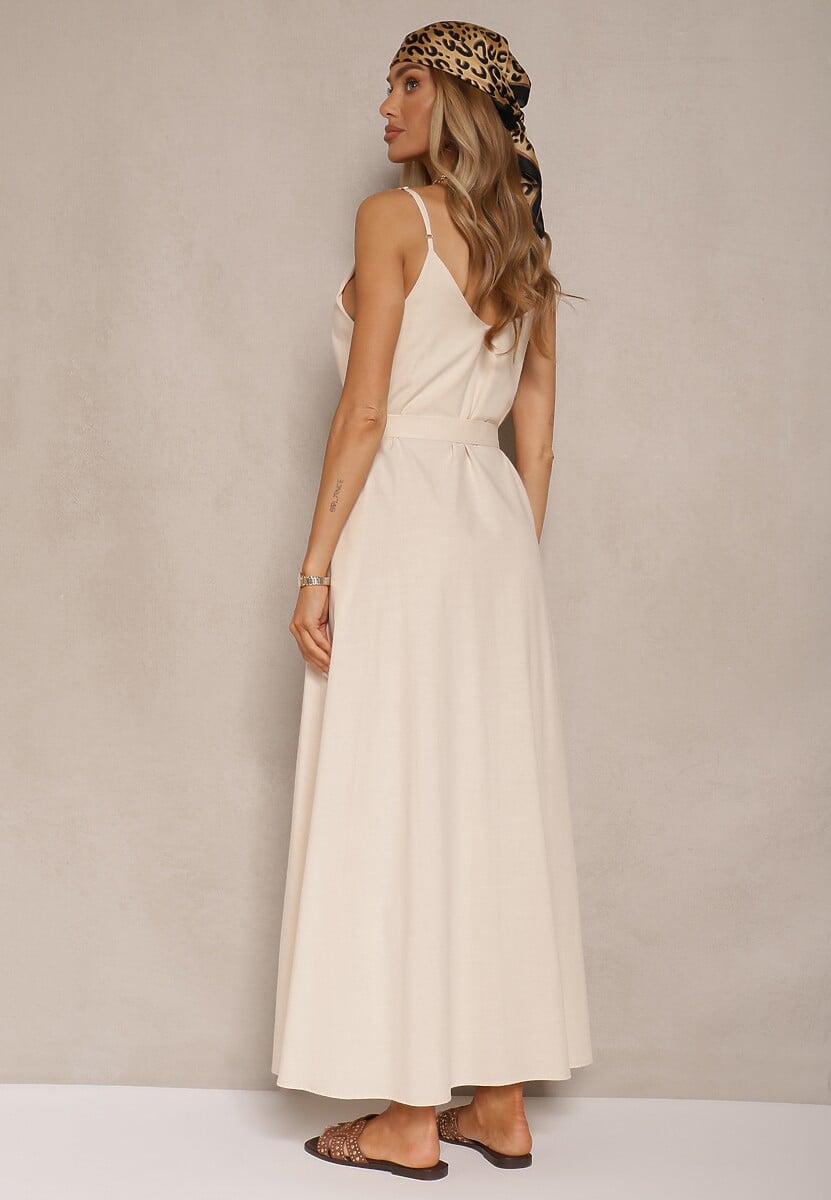 Beżowa Sukienka z Bawełną i Wiskozą z Ozdobnym Paskiem Savaine