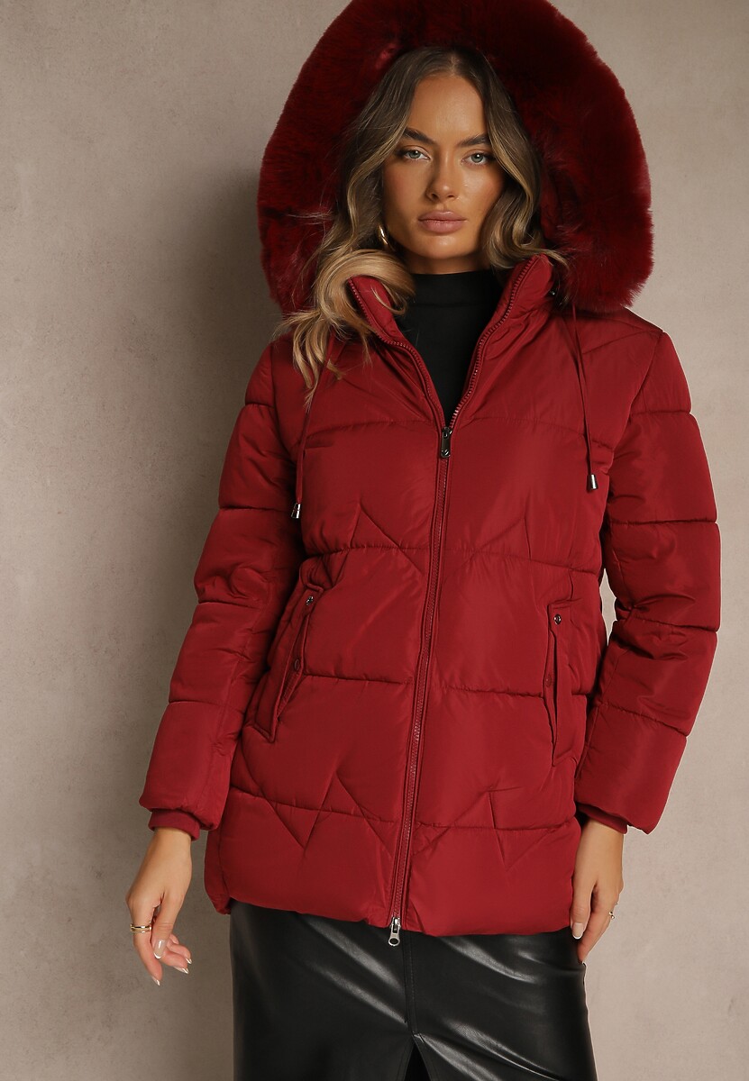 Brązowa Klasyczna Kurtka z Pikowanymi Przeszyciami i Kapturem z Futrem Mundrie