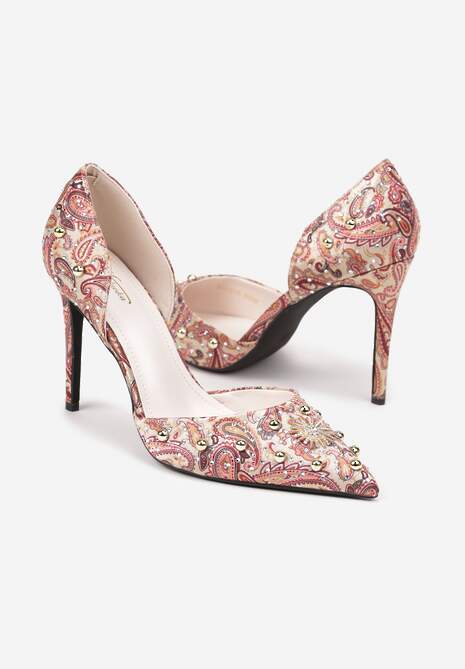 Różowe Szpilki z Noskiem w Szpic z Oryginalnym Wzorem z Cyrkoniami i Nitami Alfiratte