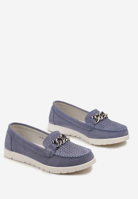 Niebieskie Mokasyny Ozdobione Łańcuszkiem i Perforacja z Wkładką ze Skóry Naturalnej Vecera