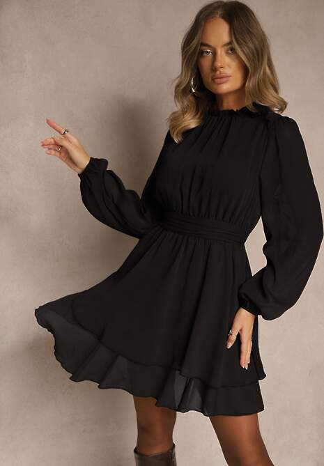 Czarna Sukienka z Siateczki o Rozkloszowanym Kroju z Bufiastymi Rękawami Aziva