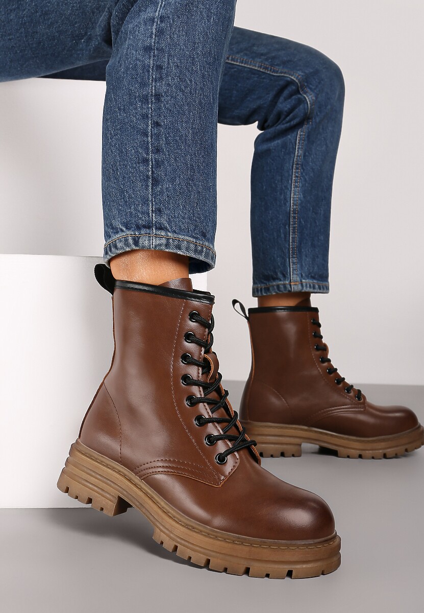 Brązowe Botki Workery na Płaskiej Podeszwie ze Sznurowaniem Arstela