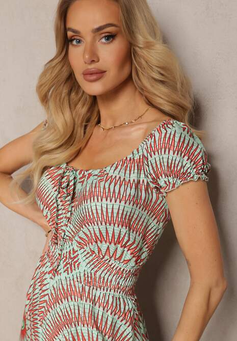 Miętowo-Pomarańczowa Rozkloszowana Sukienka z Wiskozy z Gumką w Pasie i Wiązaniem przy Dekolcie Xicia