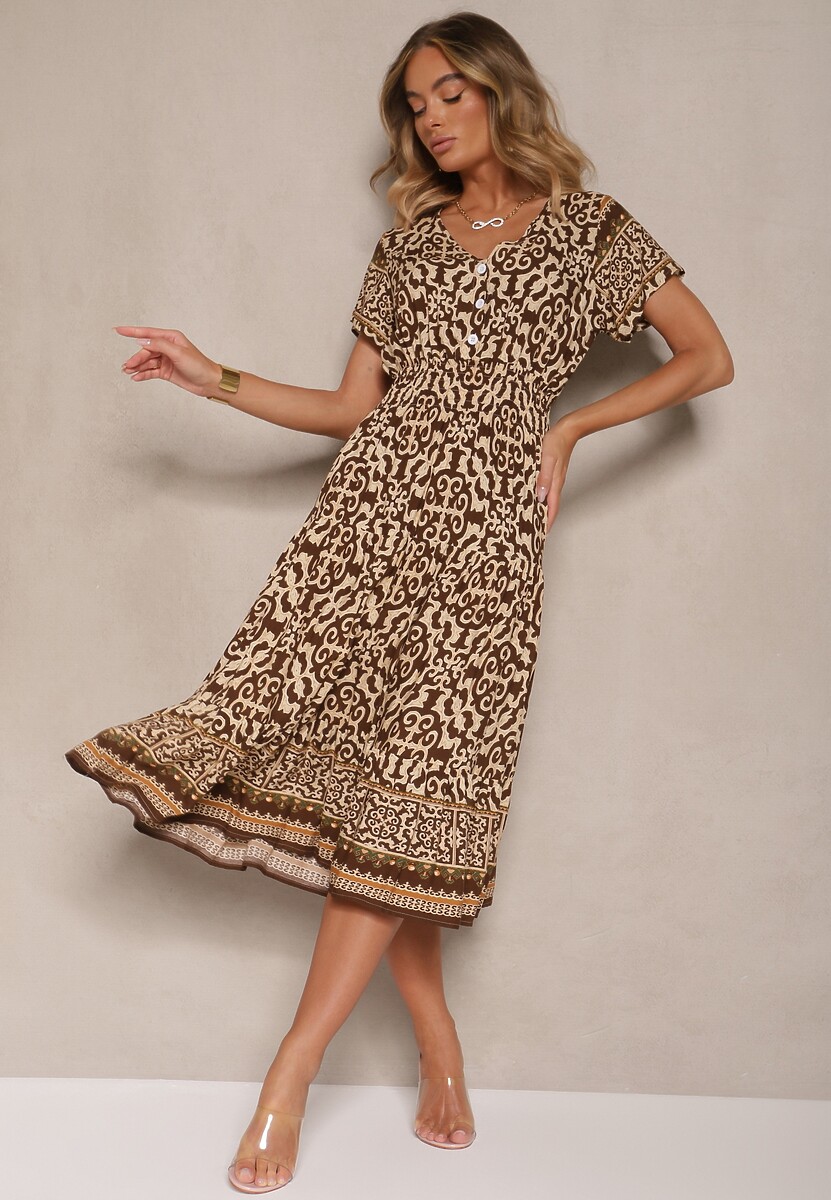 Brązowa Sukienka z Bawełny Ozdobiona Ornamentnym Motywem Fillena