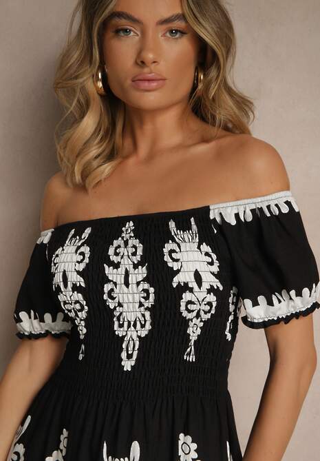Czarna Sukienka Hiszpanka Ozdobiona Etnicznym Printem Aralette