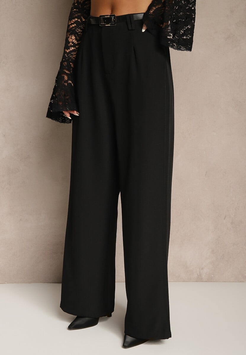Czarne Szerokie Spodnie Garniturowe Ozdobione Paskiem Cirrive