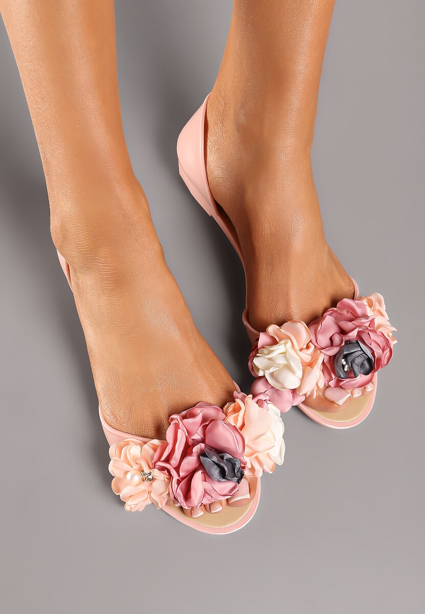 Beżowe Balerinki Meliski Peep Toe z Kwiatową Aplikacją Idalina