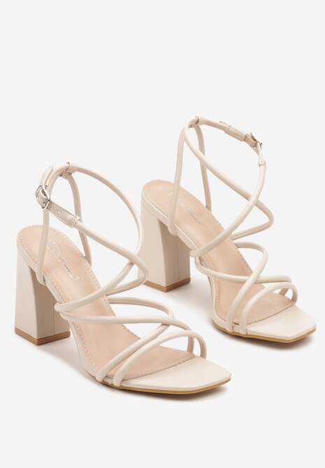 Beżowe Sandały na Obcasie z Cienkimi Paskami Kaloren
