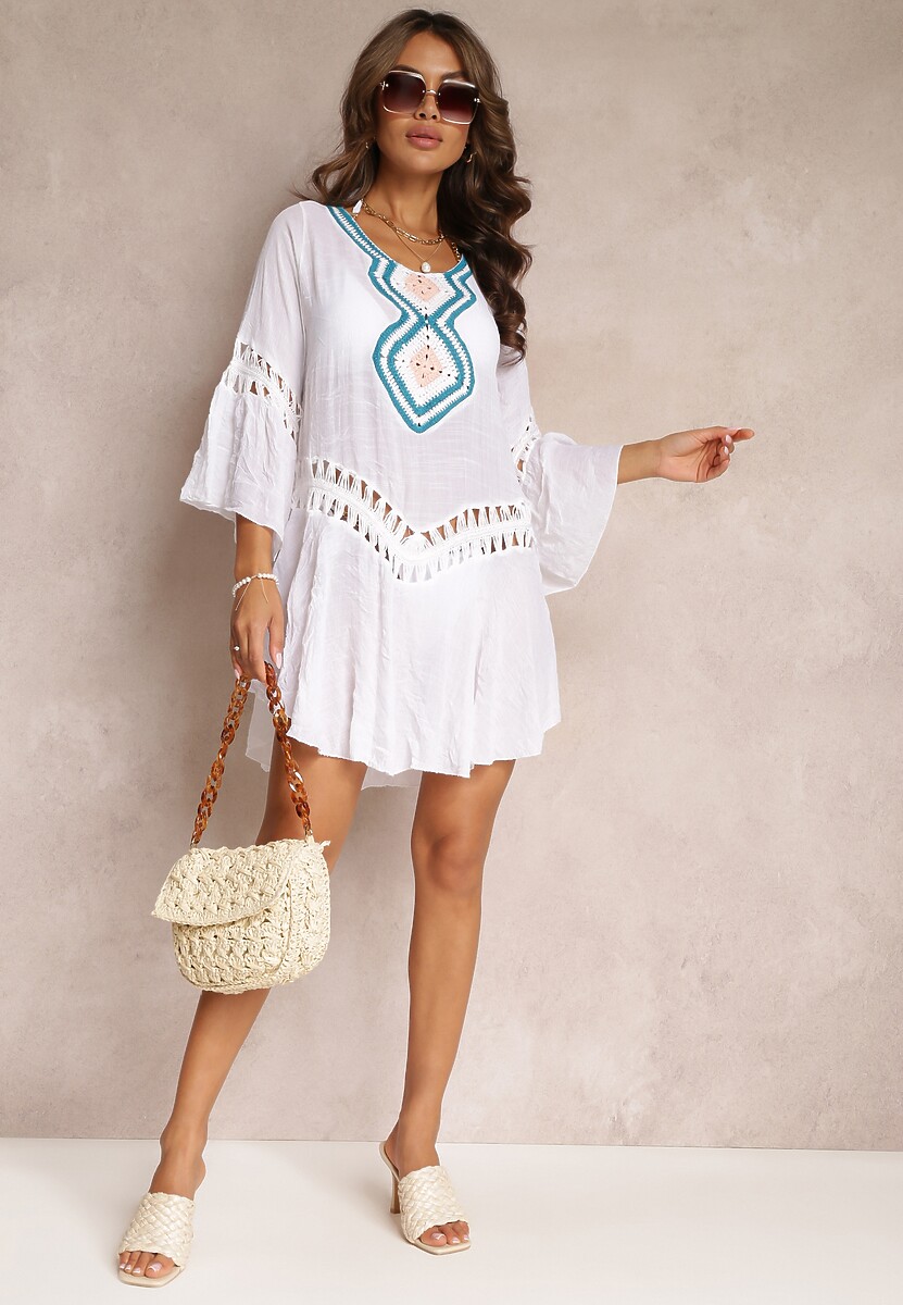 Biała Luźna Sukienka Mini Narzutka z Szydełkowym Zdobieniem Elvin