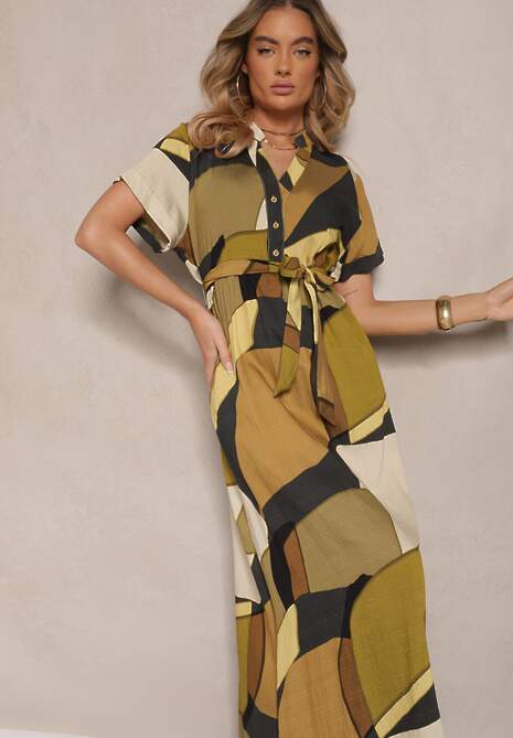 Zielona Wiskozowa Sukienka Koszulowa z Paskiem w Geometryczny Print Falintia