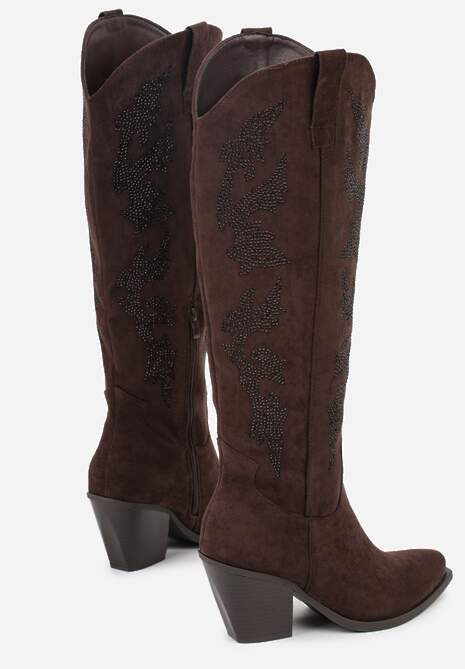 Brązowe Kozaki Kowbojki na Stożkowym Obcasie z Aplikacją z Cyrkoniami Zevrine