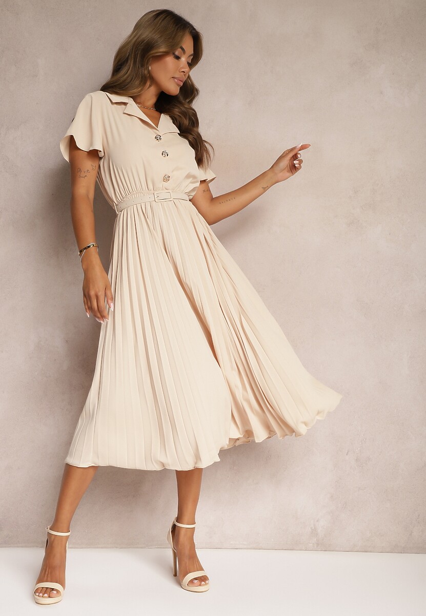 Beżowa Plisowana Rozkloszowana Sukienka z Paskiem Guzikami i Gumką w Talii Nelaika