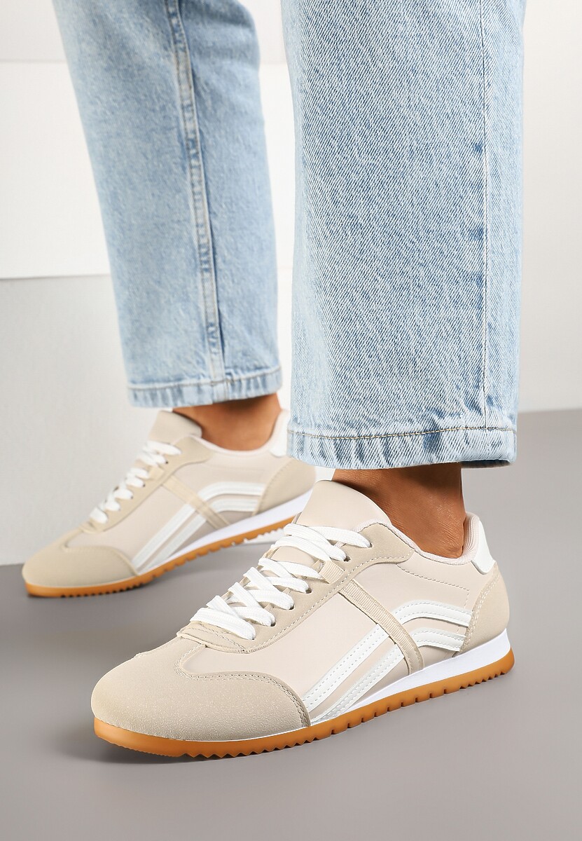 Beżowe Sneakersy Klasyczne Tenisówki Zdobione Przeszyciami Ellexia