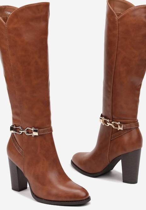 Jasnobrązowe Kozaki na Słupku Muszkieterki z Klamerką Vortilina