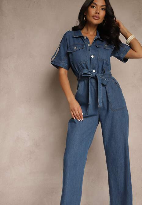 Granatowy Denimowy Kombinezon z Bawełny z Materiałowym Paskiem w Talii i Szerokimi Nogawkami Yonadea