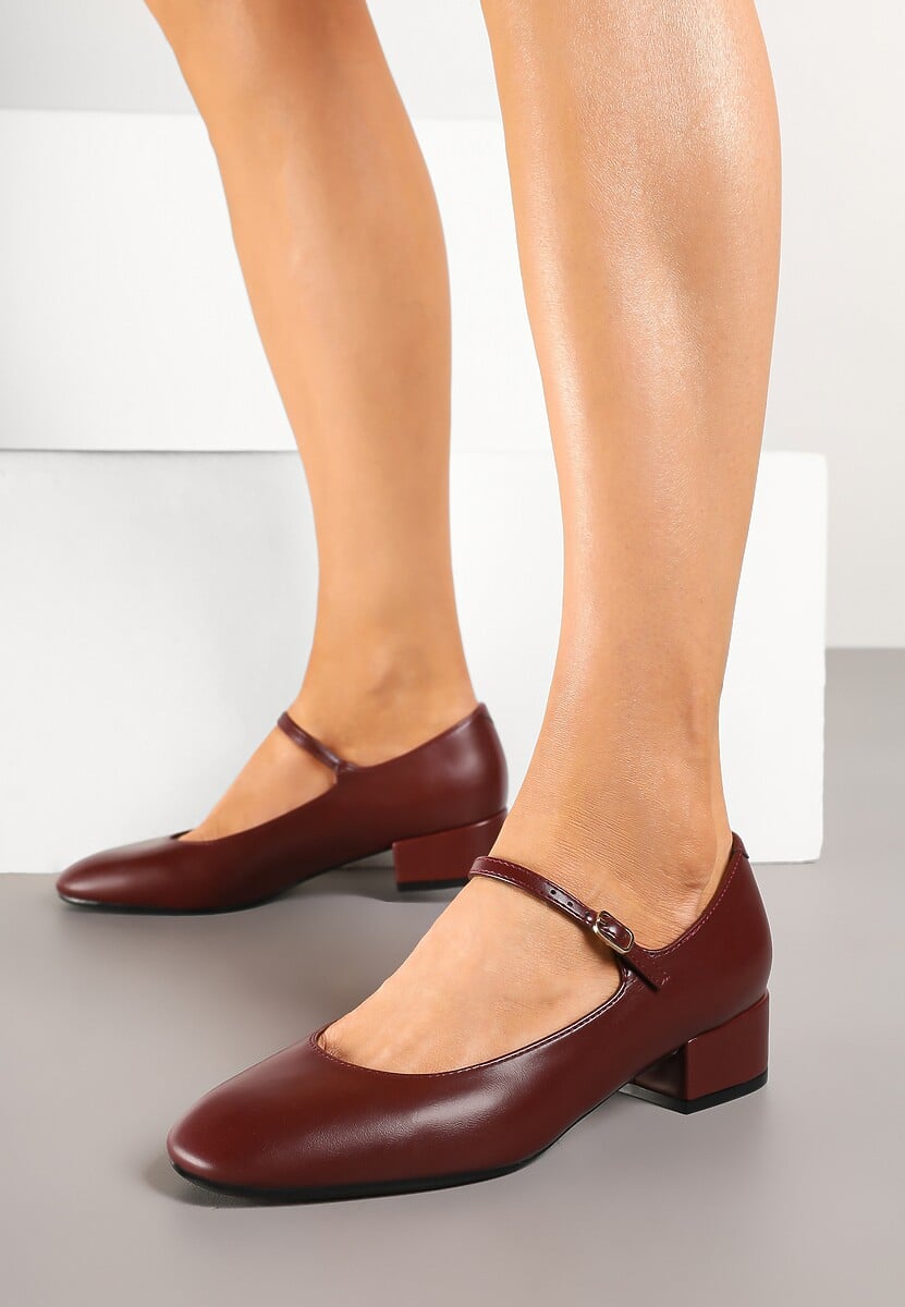 Bordowe Czółenka na Słupku Mary Jane Ozdobione Paskami Omevira