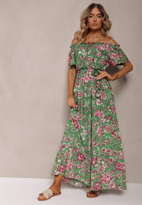 Zielono-Różowa Bawełniana Sukienka Hiszpanka Wiązana w Talii w Kwiatowy Wzór Risarrae