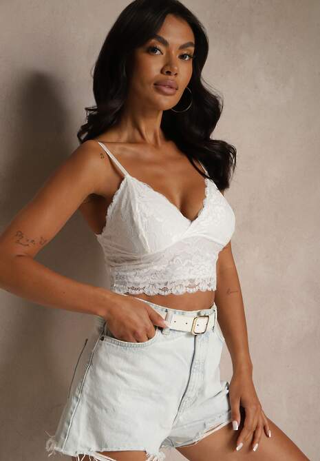 Biały Dopasowany Top z Koronki na Ramiączkach Pasirelia