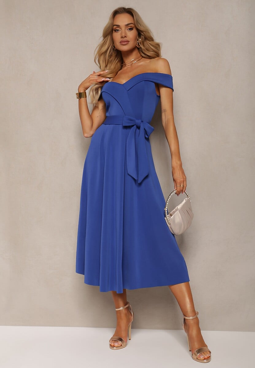 Granatowa Sukienka Wieczorowa Hiszpanka z Materiałowym Paskiem Yellia