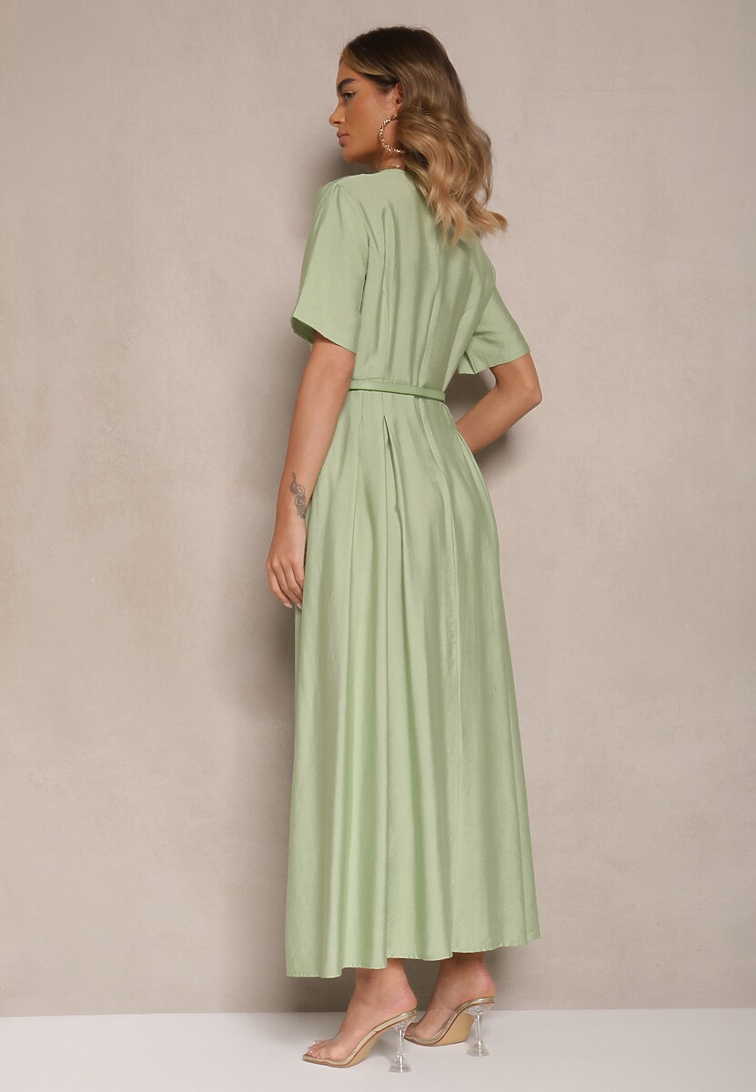 Zielona Rozkloszowana Sukienka z Lnu i Wiskozy z Paskiem ze Sprzączką Linoretia