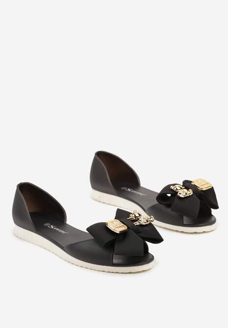 Czarne Meliski Balerinki Wsuwane z Aplikacjami i Kokardą Aurbea