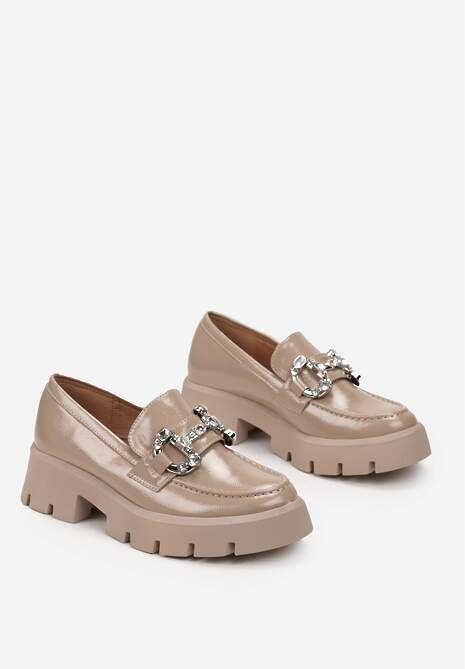 Ciemnobeżowe Mokasyny z Klamerką w Cyrkonie na Platformie Tawn