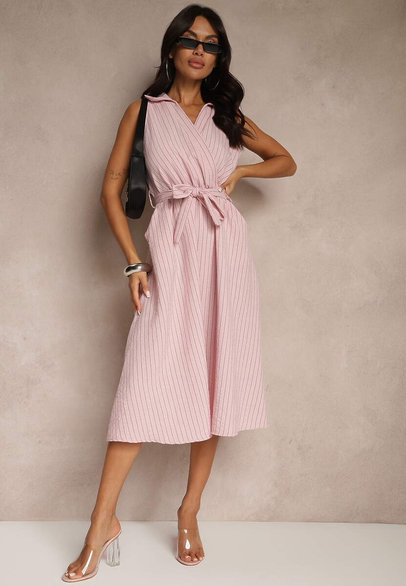 Różowa Koszulowa Sukienka Bez Rękawów z Wiązanym Paskiem Lideene