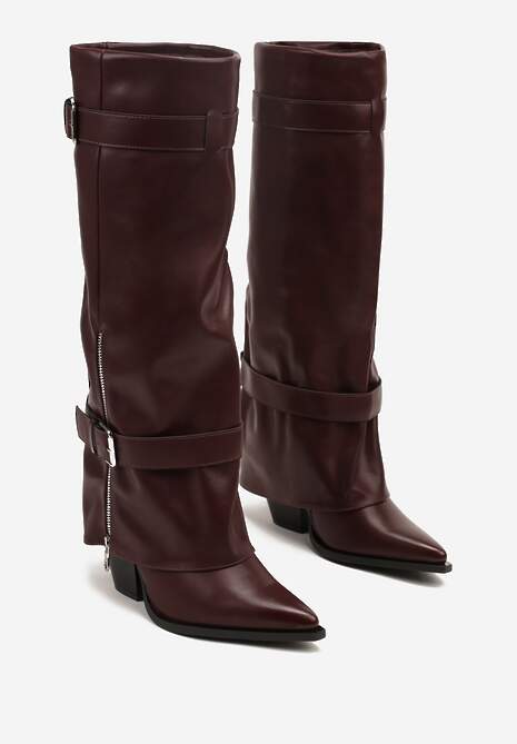 Bordowe Kozaki na Stożku z Cholewką Imitującą Nogawkę z Klamrami i Suwakiem Erseria