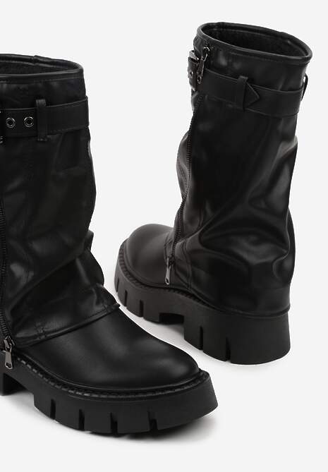 Czarne Botki Biker Boots z Cholewką Imitującą Nogawkę z Klamerką Veresta