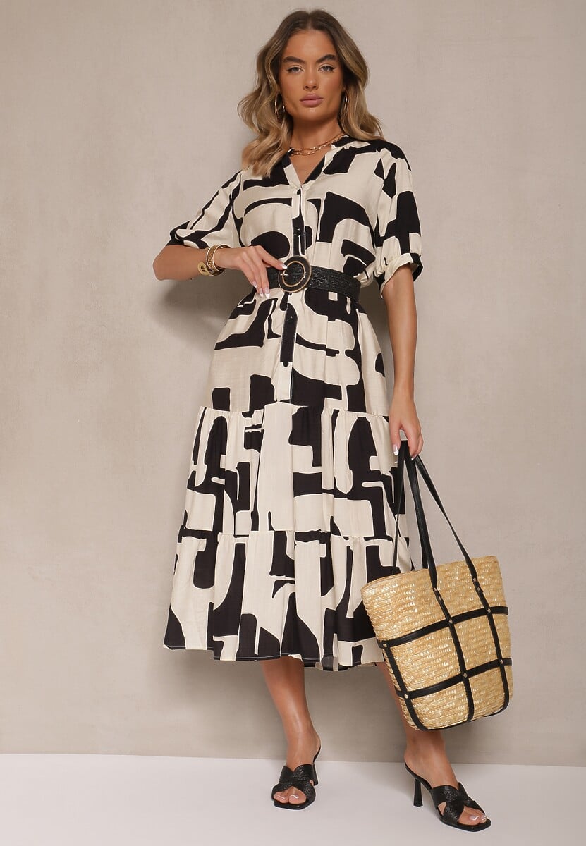 Czarna Sukienka z Wiskozy Ozdobiona Geometrycznym Motywem Filorea