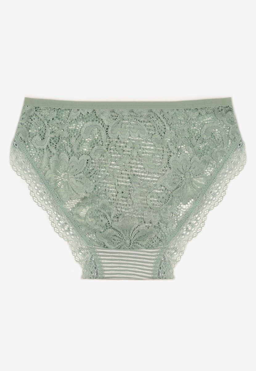 Zielone Majtki Figi Ozdobione Wzorem w Paseczki i Koronką Olibia
