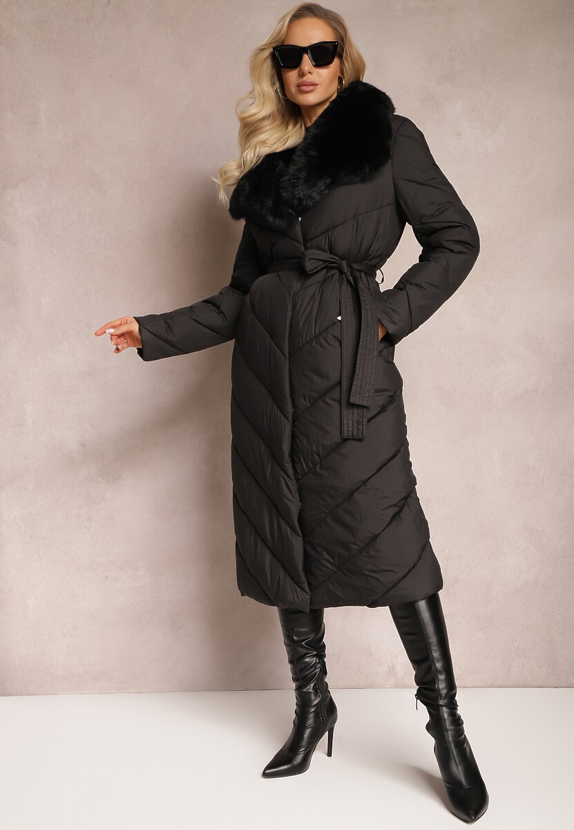 Brązowa Pikowana Kurtka Płaszcz typu Płaszcz z Futrzanym Kołnierzem Odefia